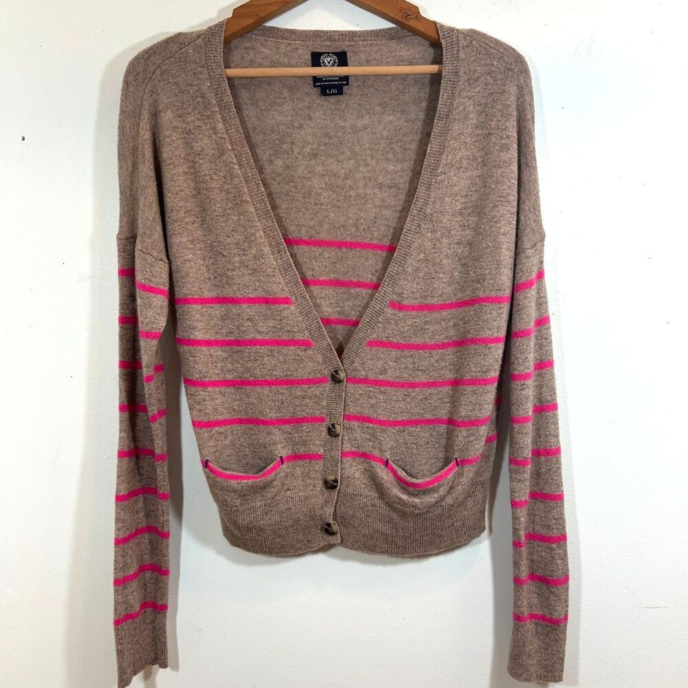 American Eagle Wool Rabbit Hair Blend Pink Tan Spripe Cardigan Sweater Large